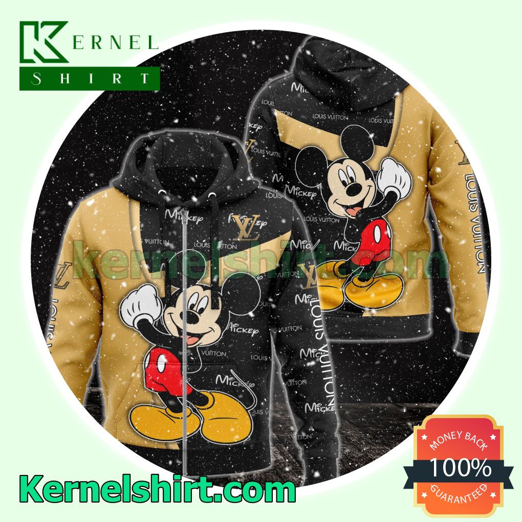 Louis Vuitton With Mickey Mouse Black And Brown Heavyweight Pullover Hoodie Sweatshirt
