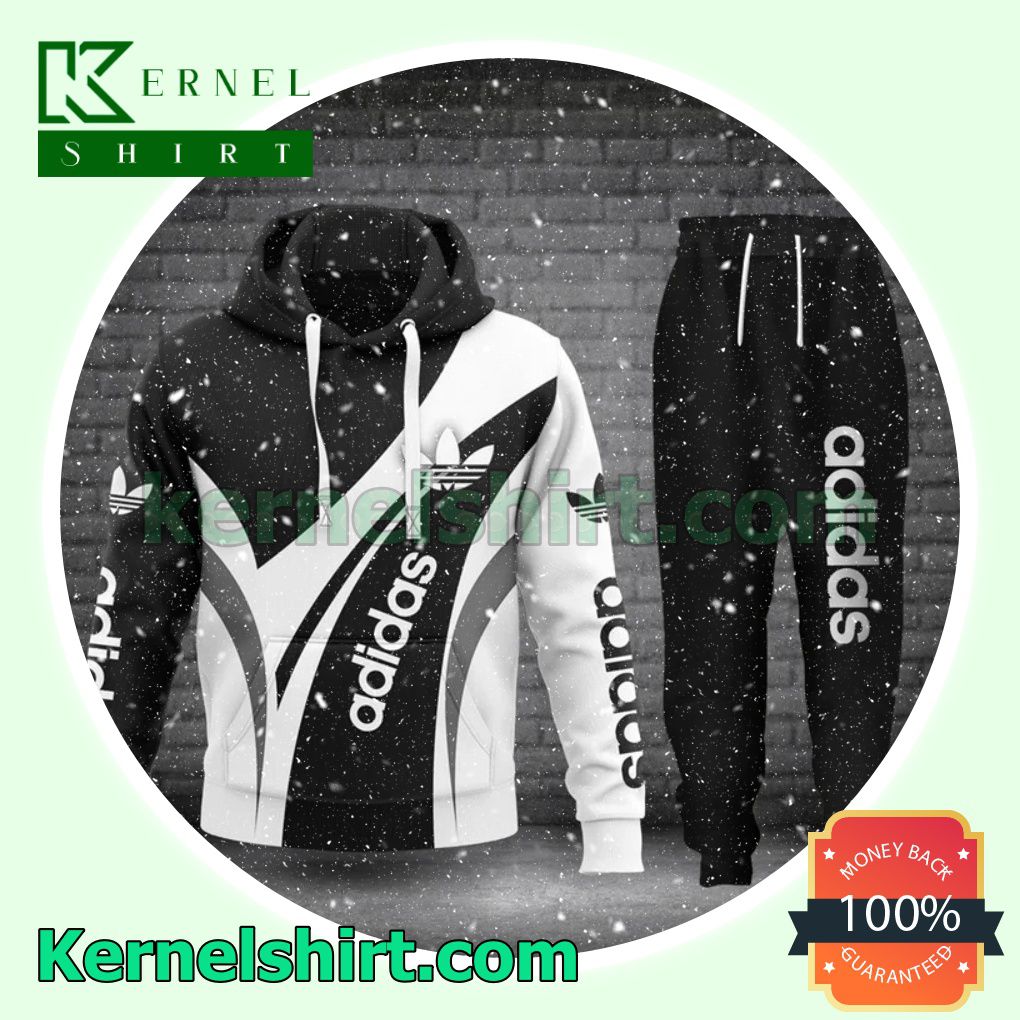 Luxury Adidas Black And White Pullover Hoodie, Sweatpant