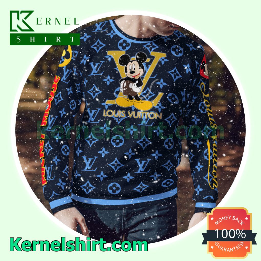 Mickey Mouse Louis Vuitton Blue Monogram Knitted Ugly Sweater Christmas a
