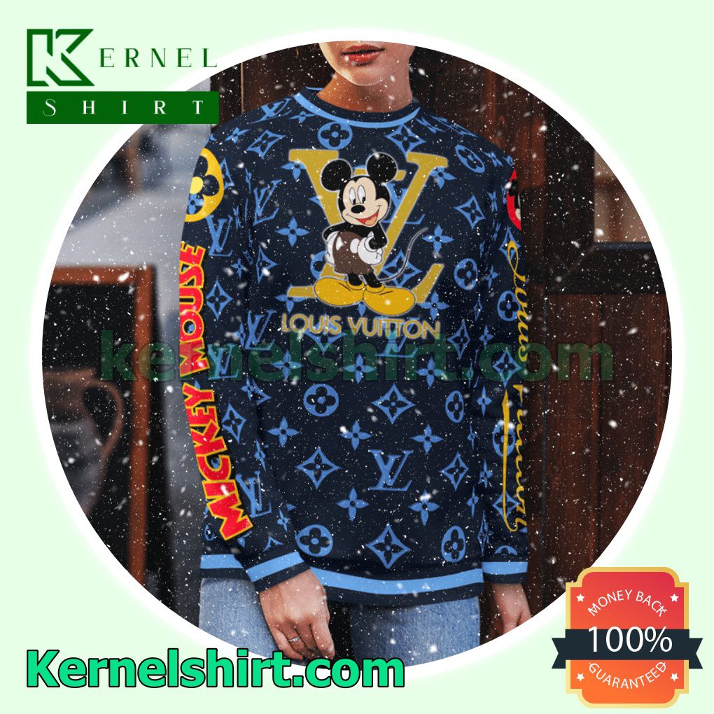 Mickey Mouse Louis Vuitton Blue Monogram Knitted Ugly Sweater Christmas b