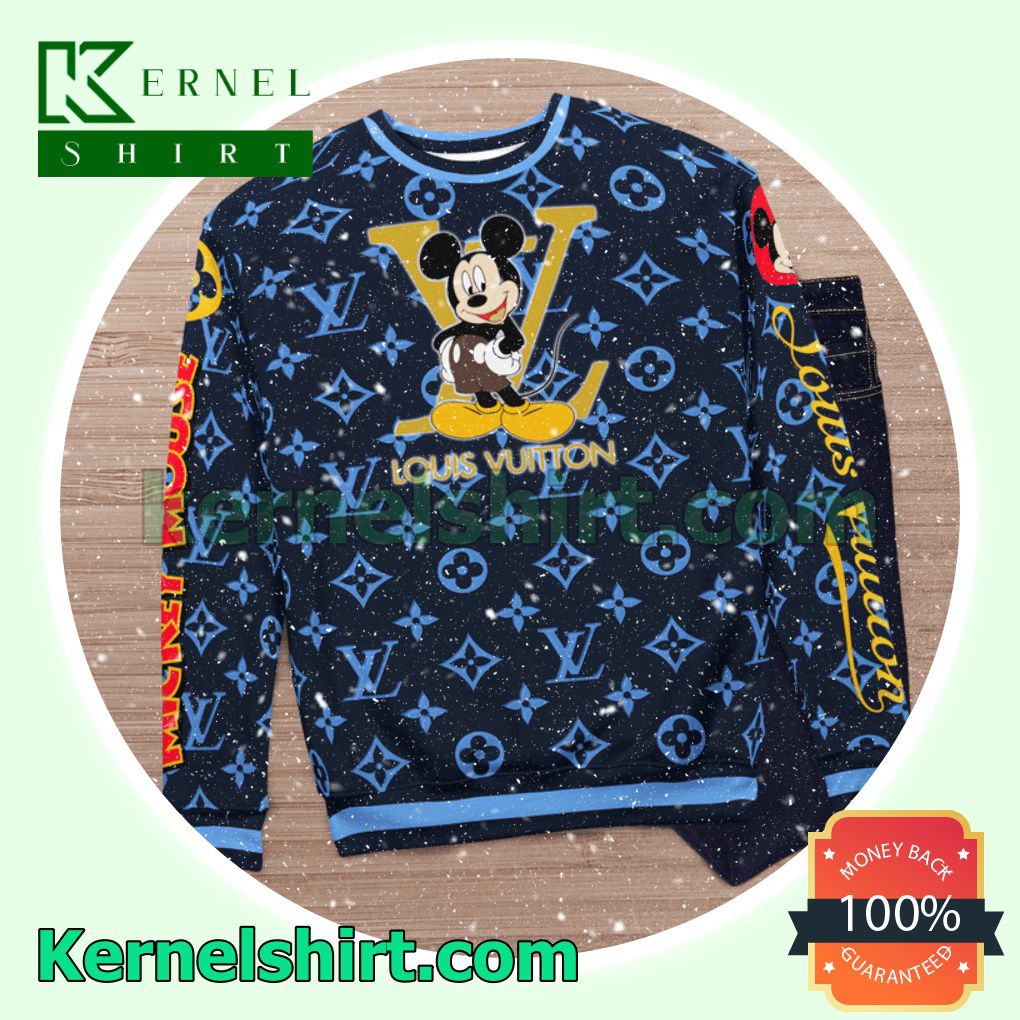 Mickey Mouse Louis Vuitton Blue Monogram Knitted Ugly Sweater Christmas c