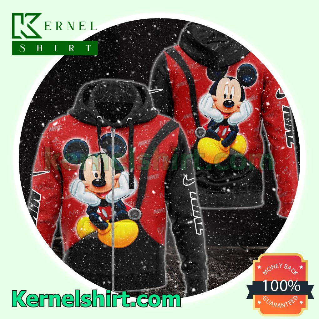Nike With Cute Mickey Mouse Black And Red Heavyweight Pullover Hoodie Sweatshirt