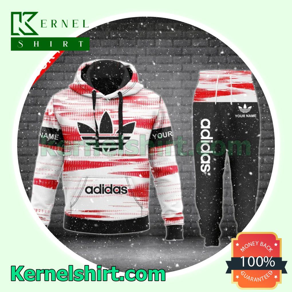 Personalized Adidas Red Paint Stroke On White Black Pullover Hoodie, Sweatpant