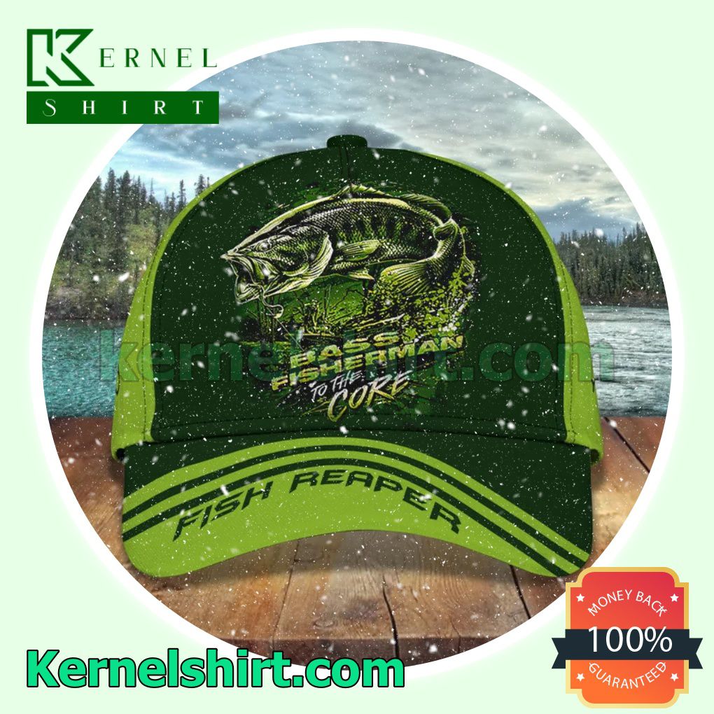 Personalized Bass Fisherman To The Core Fish Reaper Green Trucker Caps a