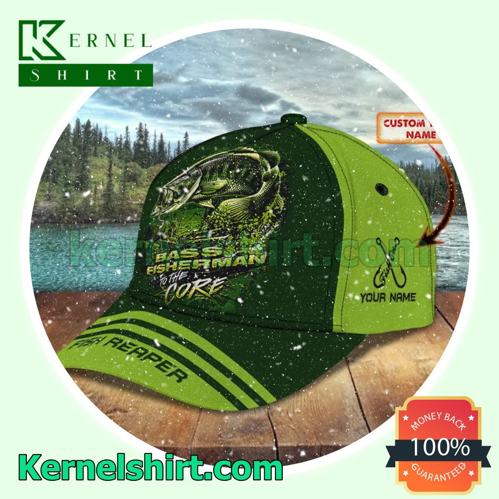 Personalized Bass Fisherman To The Core Fish Reaper Green Trucker Caps