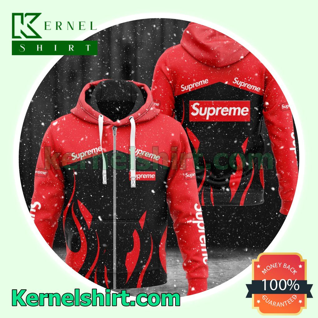 Supreme Fire Pattern Black And Red Heavyweight Pullover Hoodie Sweatshirt