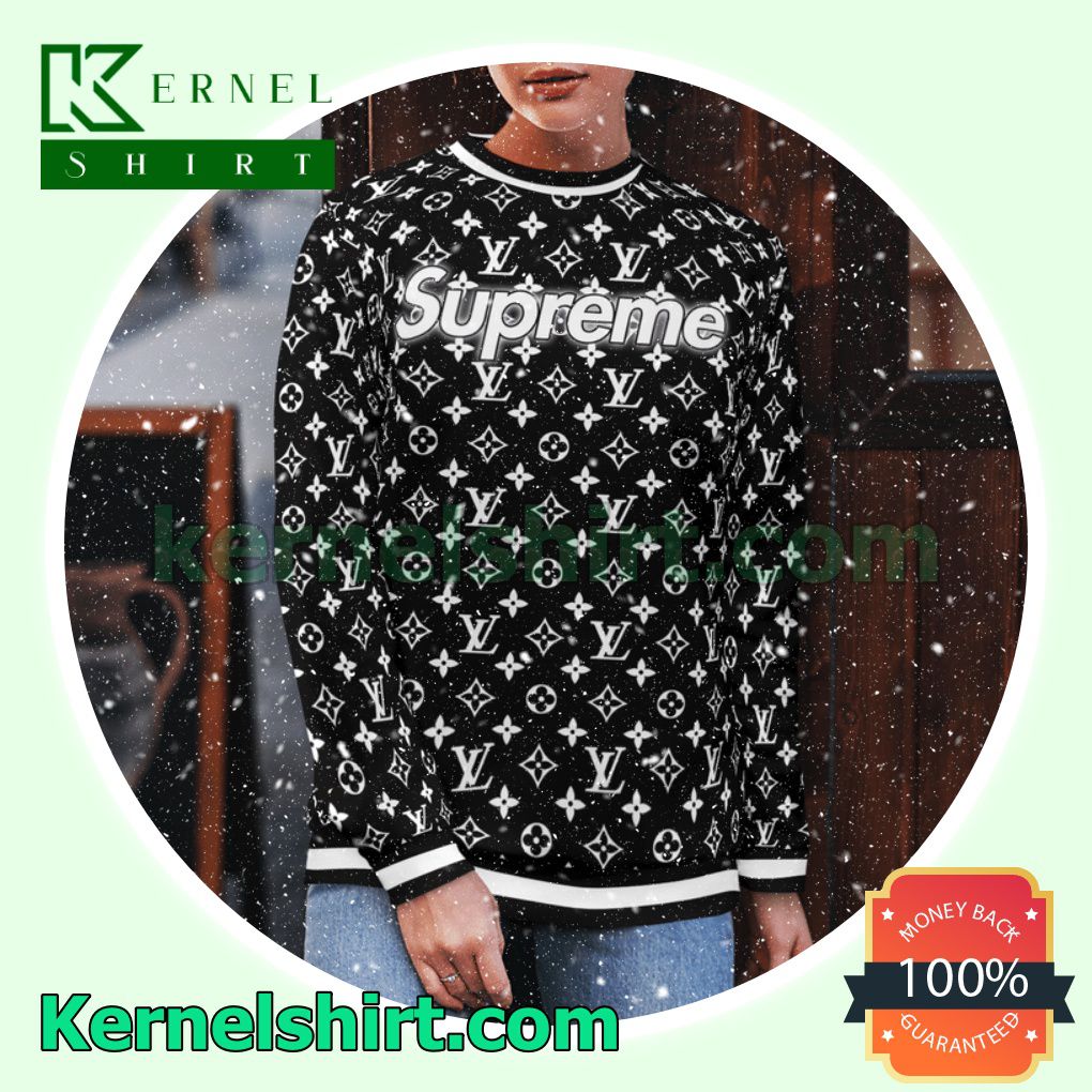 Supreme Louis Vuitton Monogram Black And White Knitted Ugly Sweater Christmas b