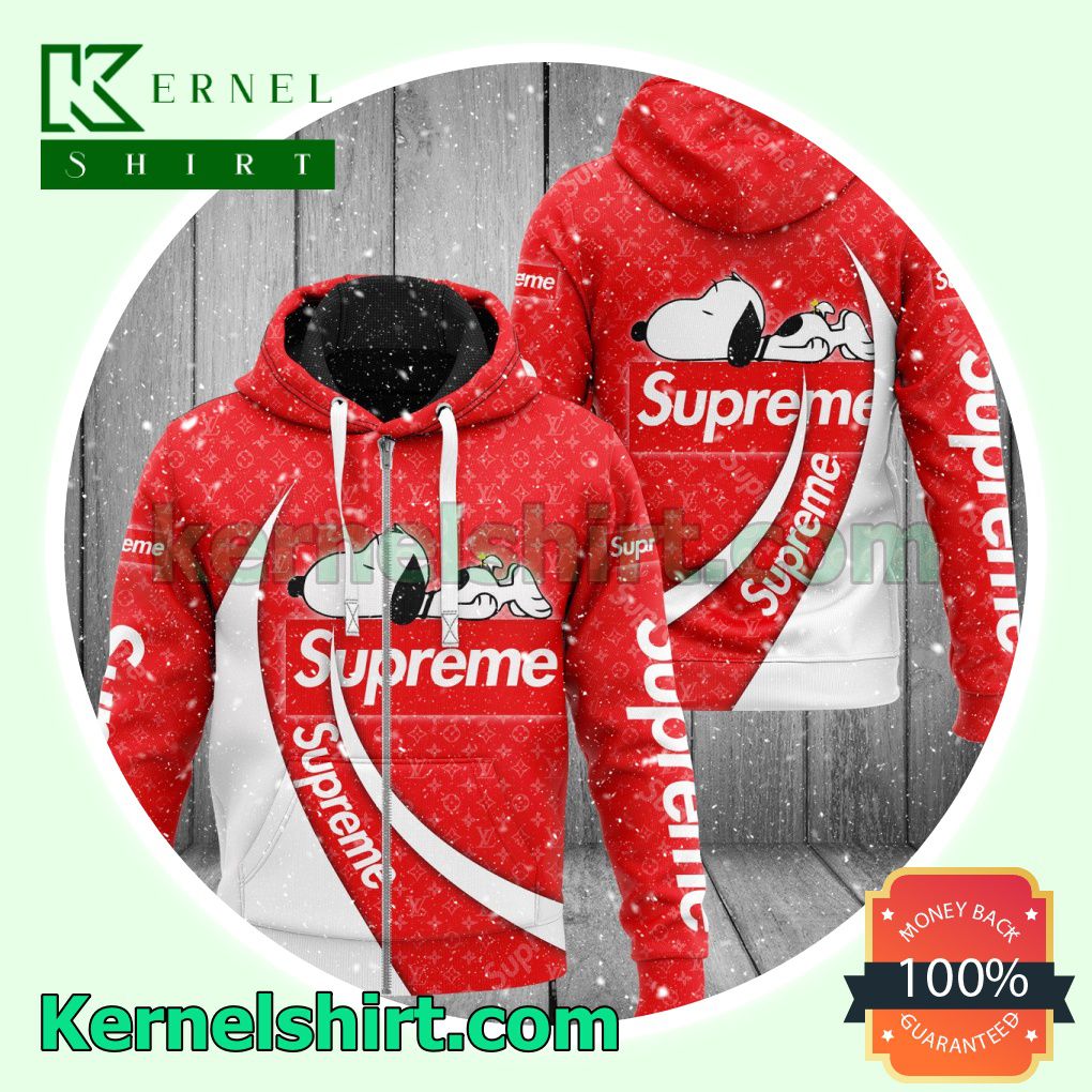 Supreme Louis Vuitton Red Monogram With Snoopy Heavyweight Pullover Hoodie Sweatshirt