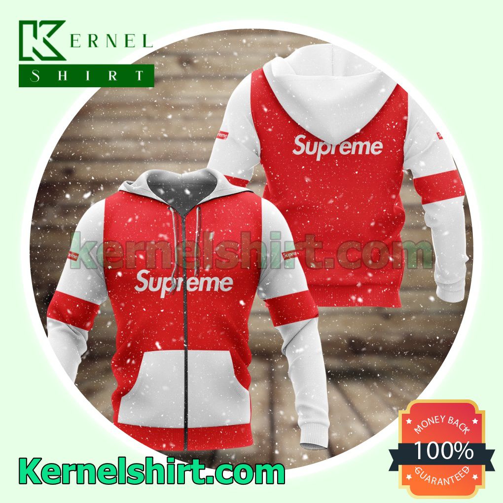 Supreme Luxury Brand Red And White Lines Heavyweight Pullover Hoodie Sweatshirt