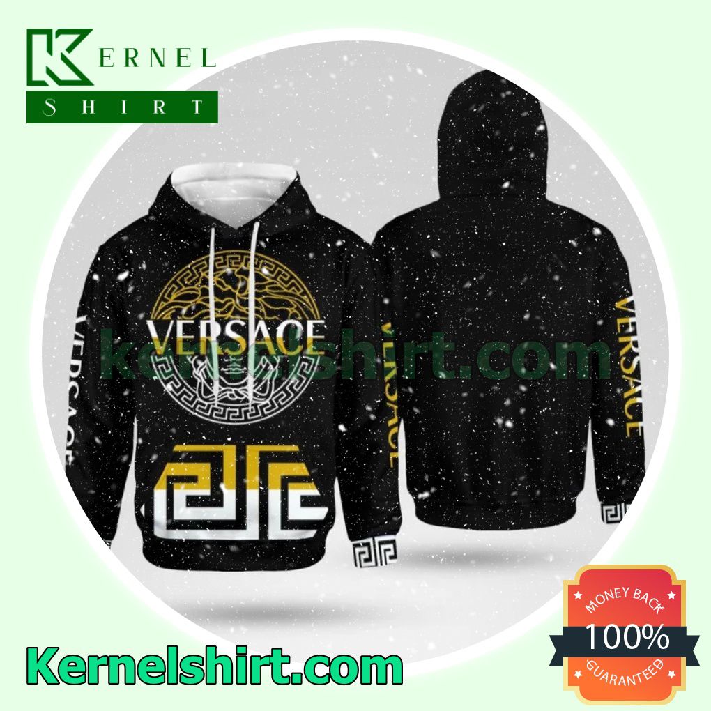 Versace Gold And White Medusa Greek Key Logo Black Mens Hoodie