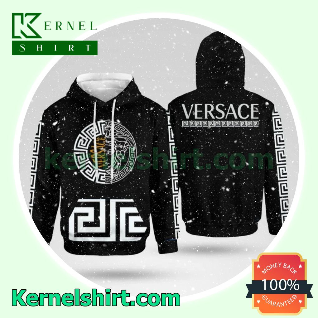 Versace Half Medusa Logo Greek Key On Sleeves Black Mens Hoodie