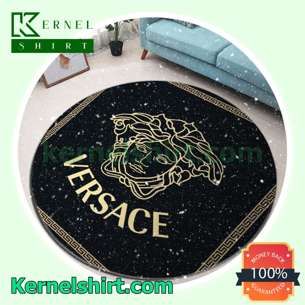 Versace Medusa Logo With Greek Key Black Round Living Room Rug