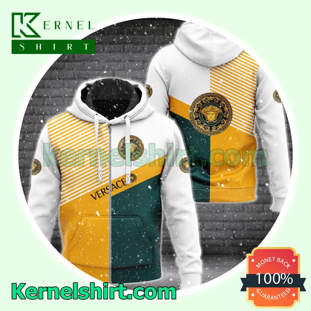 Versace Yellow Green And White With Diagonal Stripes Heavyweight Pullover Hoodie Sweatshirt