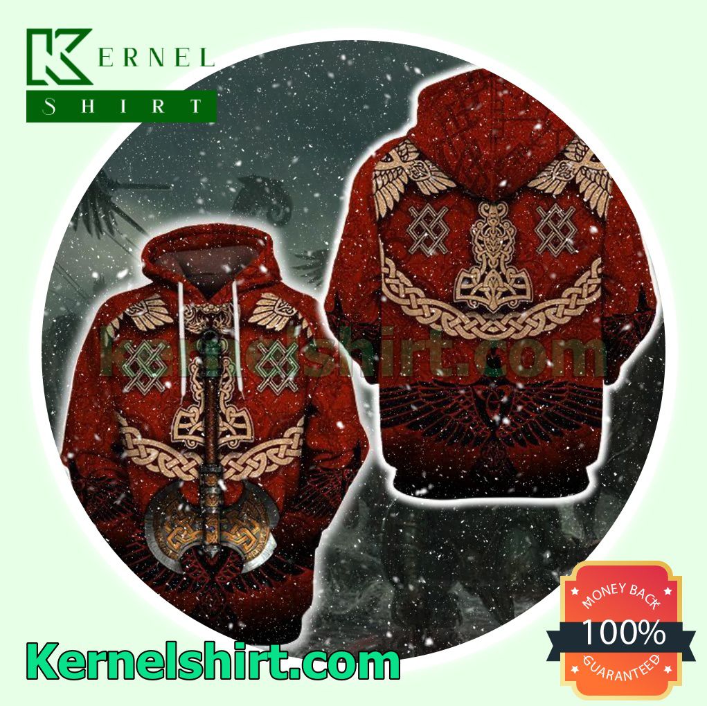 Viking Axe And Raven Tattoo Red Mens Hoodie