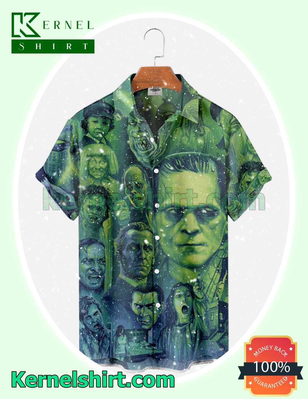 Frankenstein And Horror Characters Green Abstract Halloween Costume Shirt