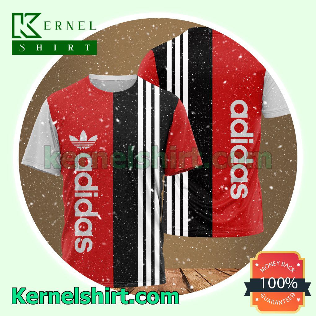 Adidas Black And Red With White Vertical Stripes Logo 3D T-Shirt