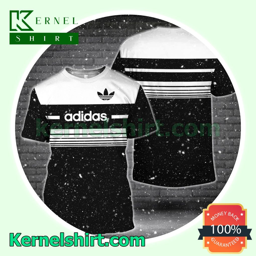 Adidas Luxury Black With White Horizontal Stripes Logo 3D T-Shirt