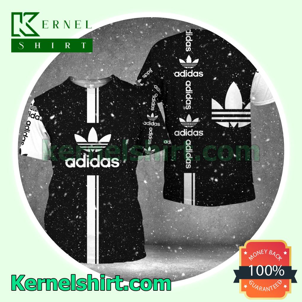 Adidas Luxury Brand Name And Logo Black Mix White Logo 3D T-Shirt