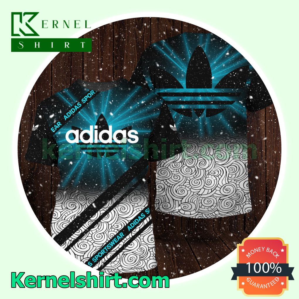 Adidas Sportswear Wave Pattern Blue Light Black Logo 3D T-Shirt