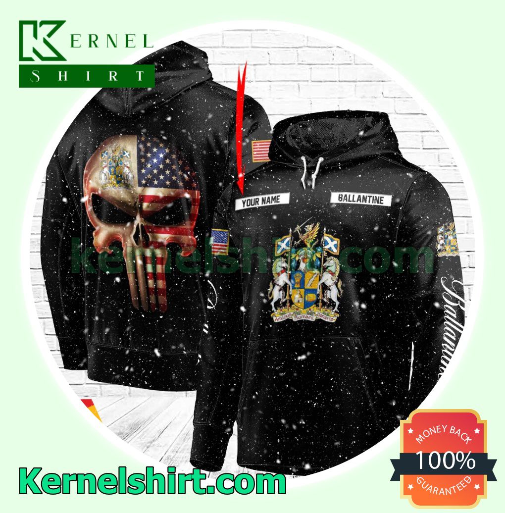 Ballantine Punisher Skull USA Flag Custom Name Hooded Sweatshirt