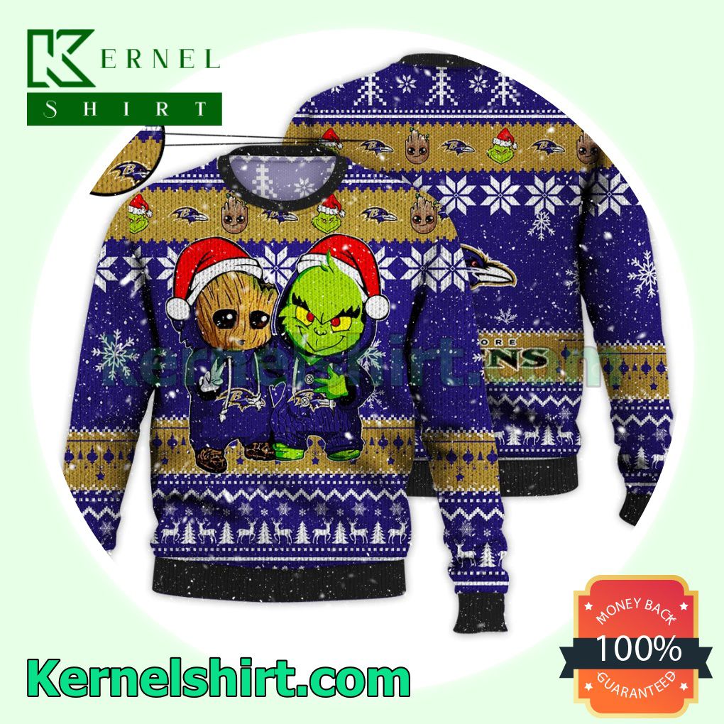 Baltimore Ravens Baby Groot And Grinch Xmas Knitted Sweater NFL Lover