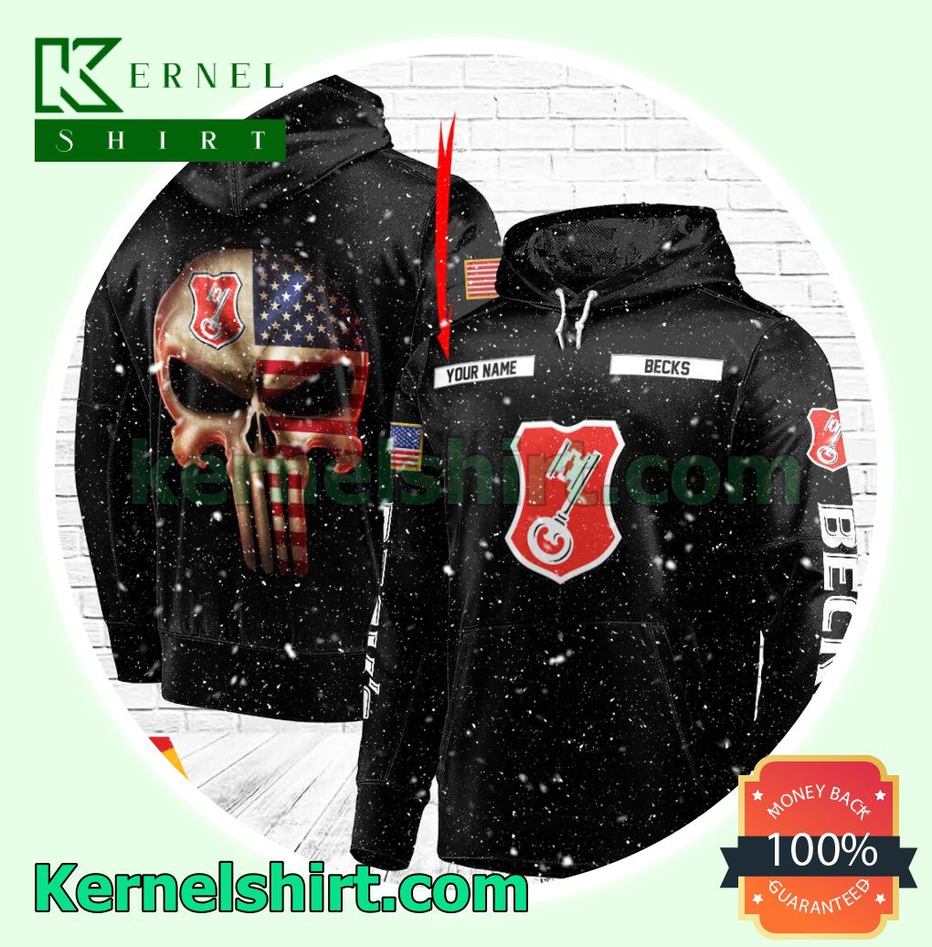 Becks Beer Punisher Skull USA Flag Custom Name Hooded Sweatshirt