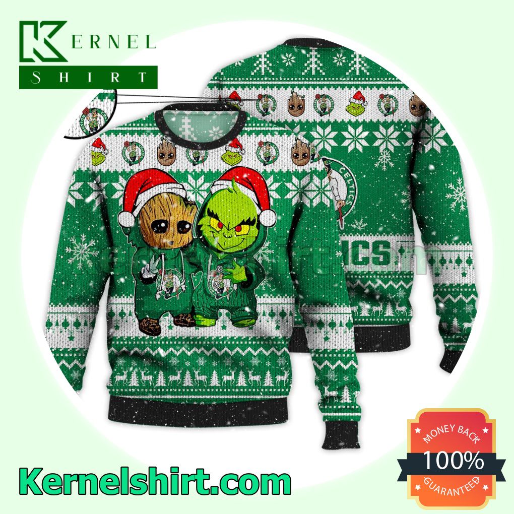 Boston Celtics Baby Groot And Grinch Xmas Knitted Sweater NBA Lover