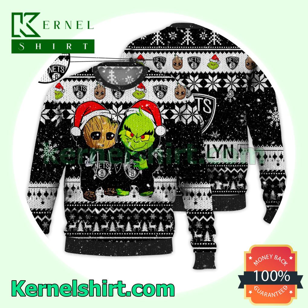 Brooklyn Nets Baby Groot And Grinch Xmas Knitted Sweater NBA Lover