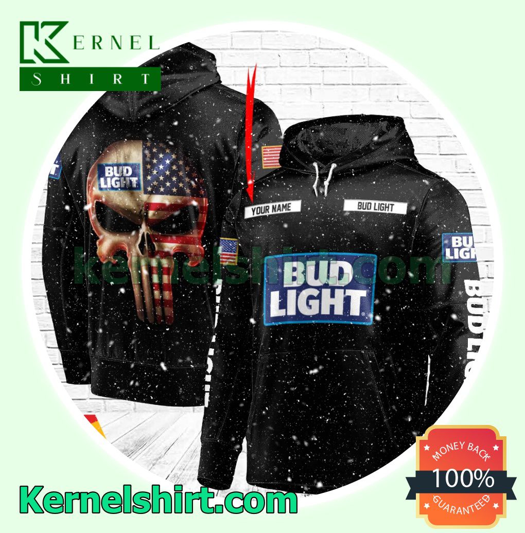Bud Light Punisher Skull USA Flag Custom Name Hooded Sweatshirt