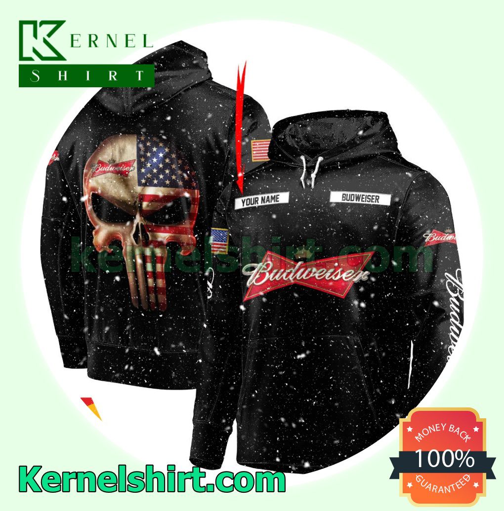 Budweiser Beer Punisher Skull USA Flag Custom Name Hooded Sweatshirt