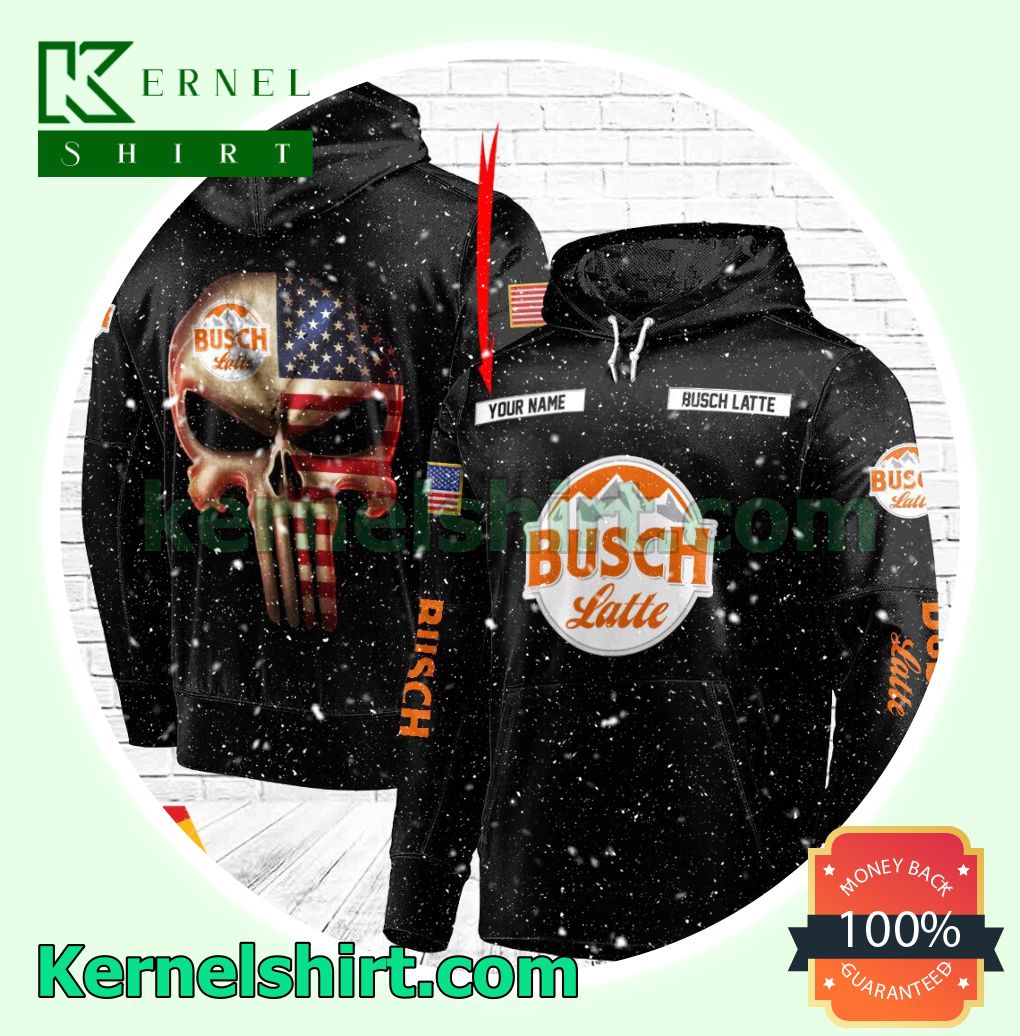 Busch Latte Punisher Skull USA Flag Custom Name Hooded Sweatshirt
