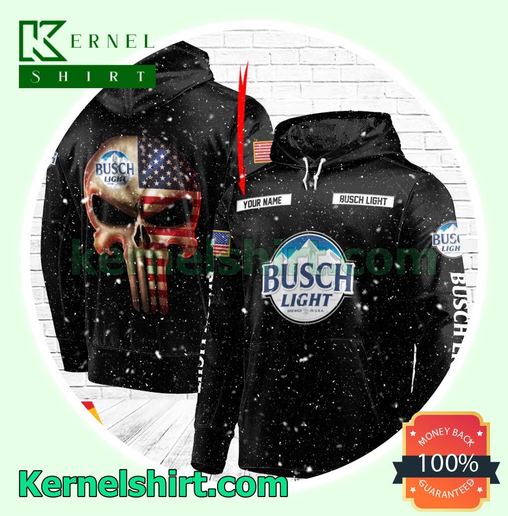 Busch Light Punisher Skull USA Flag Custom Name Hooded Sweatshirt