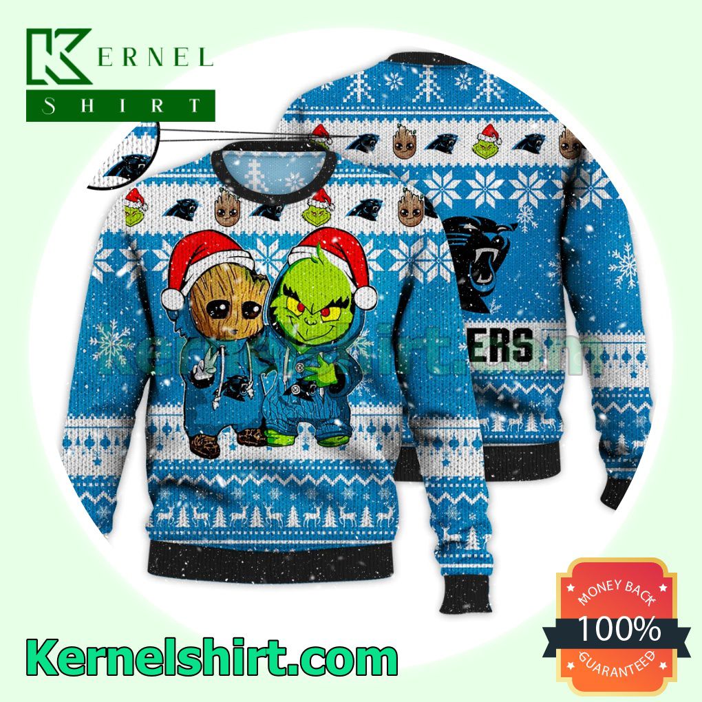 Carolina Panthers Baby Groot And Grinch Xmas Knitted Sweater NFL Lover