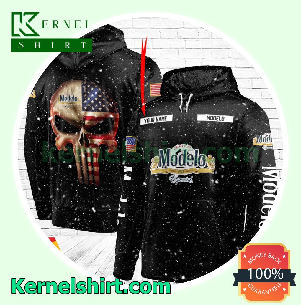 Cerveza Modelo Punisher Skull USA Flag Custom Name Hooded Sweatshirt