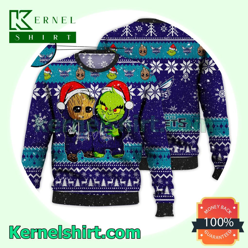 Charlotte Hornets Baby Groot And Grinch Xmas Knitted Sweater NBA Lover