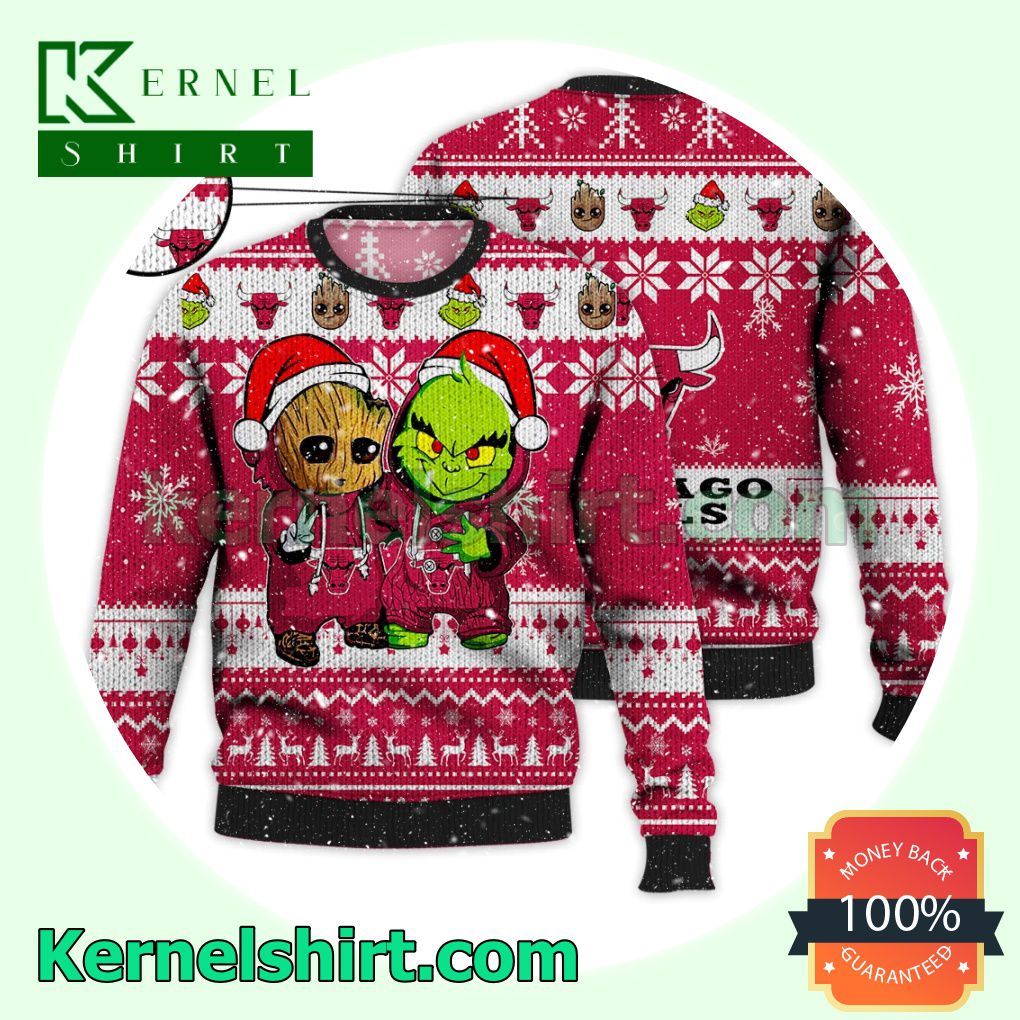 Chicago Bulls Baby Groot And Grinch Xmas Knitted Sweater NBA Lover