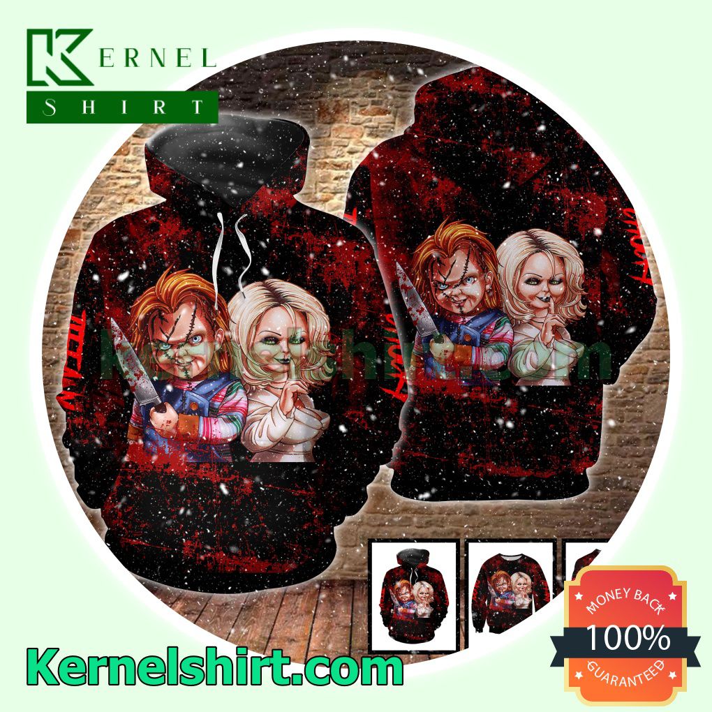 Chucky And Tiffany Blood Black Costume Scary Hooded Sweatshirt