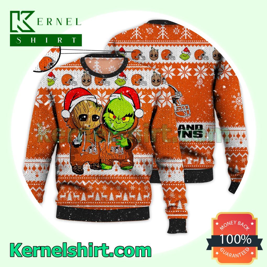 Cleveland Browns Baby Groot And Grinch Xmas Knitted Sweater NFL Lover