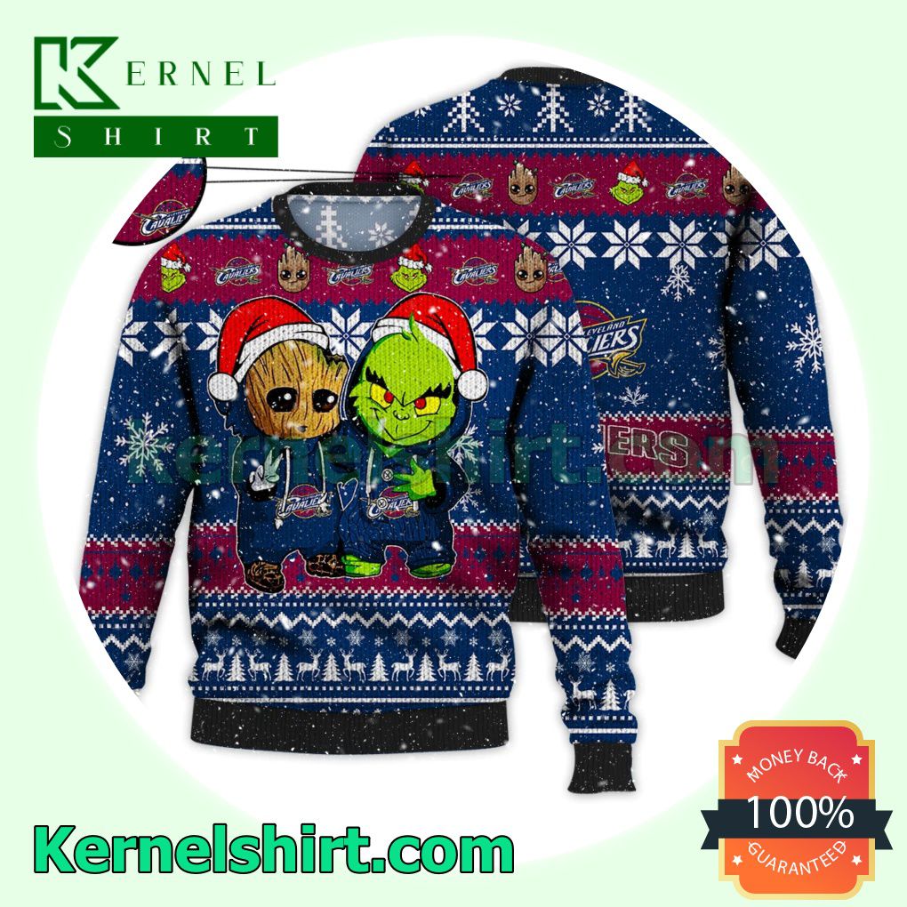 Cleveland Cavaliers Baby Groot And Grinch Xmas Knitted Sweater NBA Lover