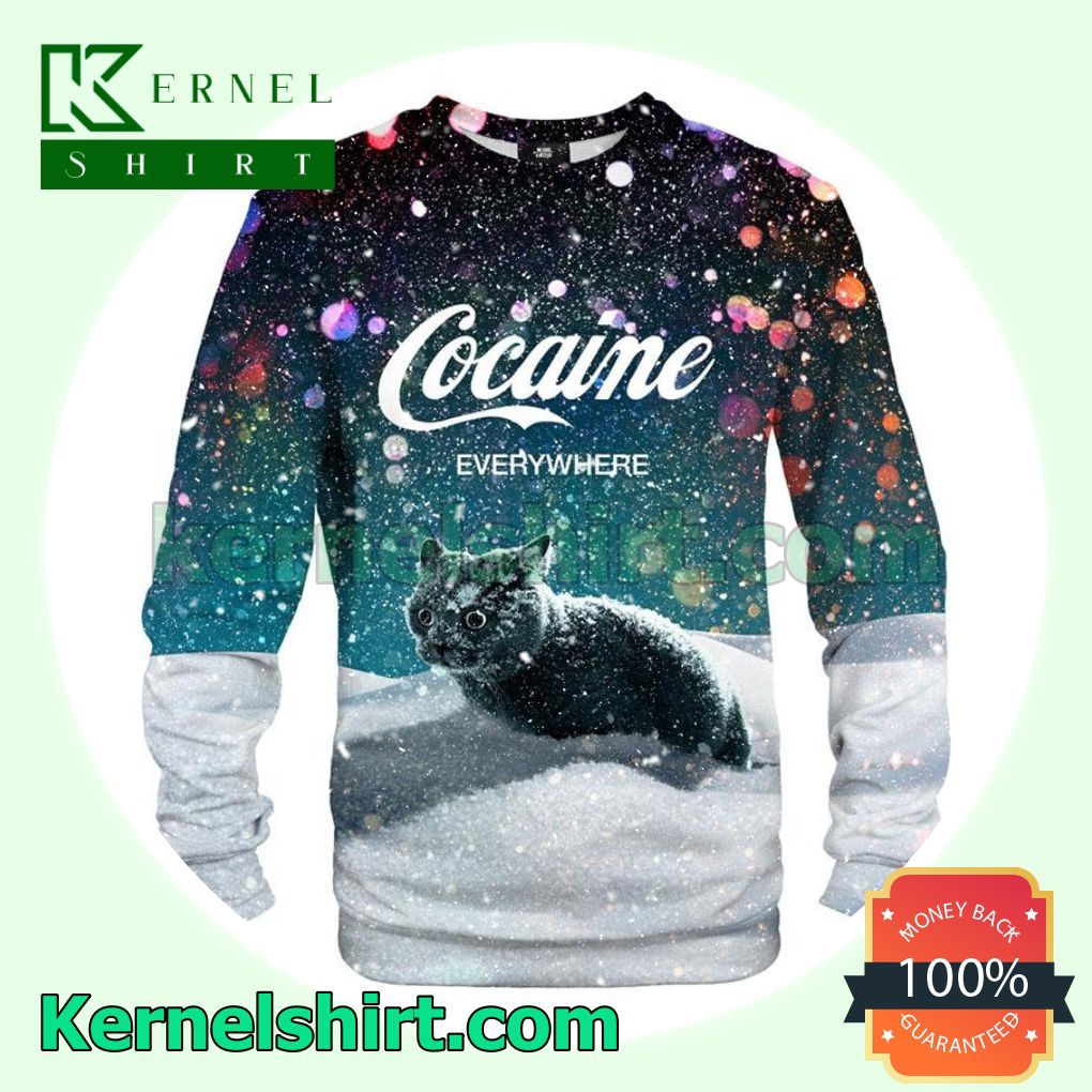 Cocaine Everywhere Cat With Snow Crewneck Fleece Sweatshirt