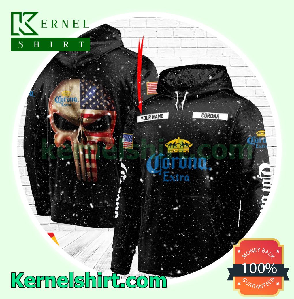 Corona Extra Punisher Skull USA Flag Custom Name Hooded Sweatshirt