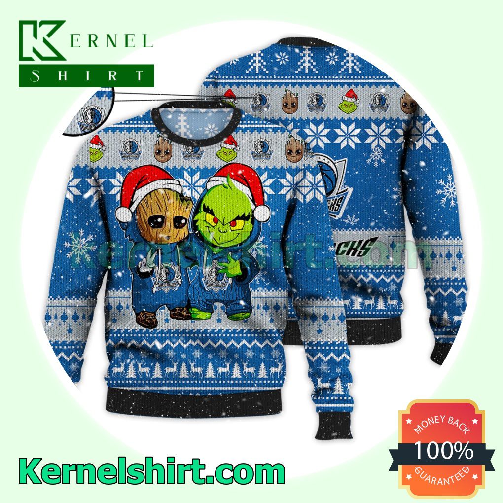 Dallas Mavericks Baby Groot And Grinch Xmas Knitted Sweater NBA Lover