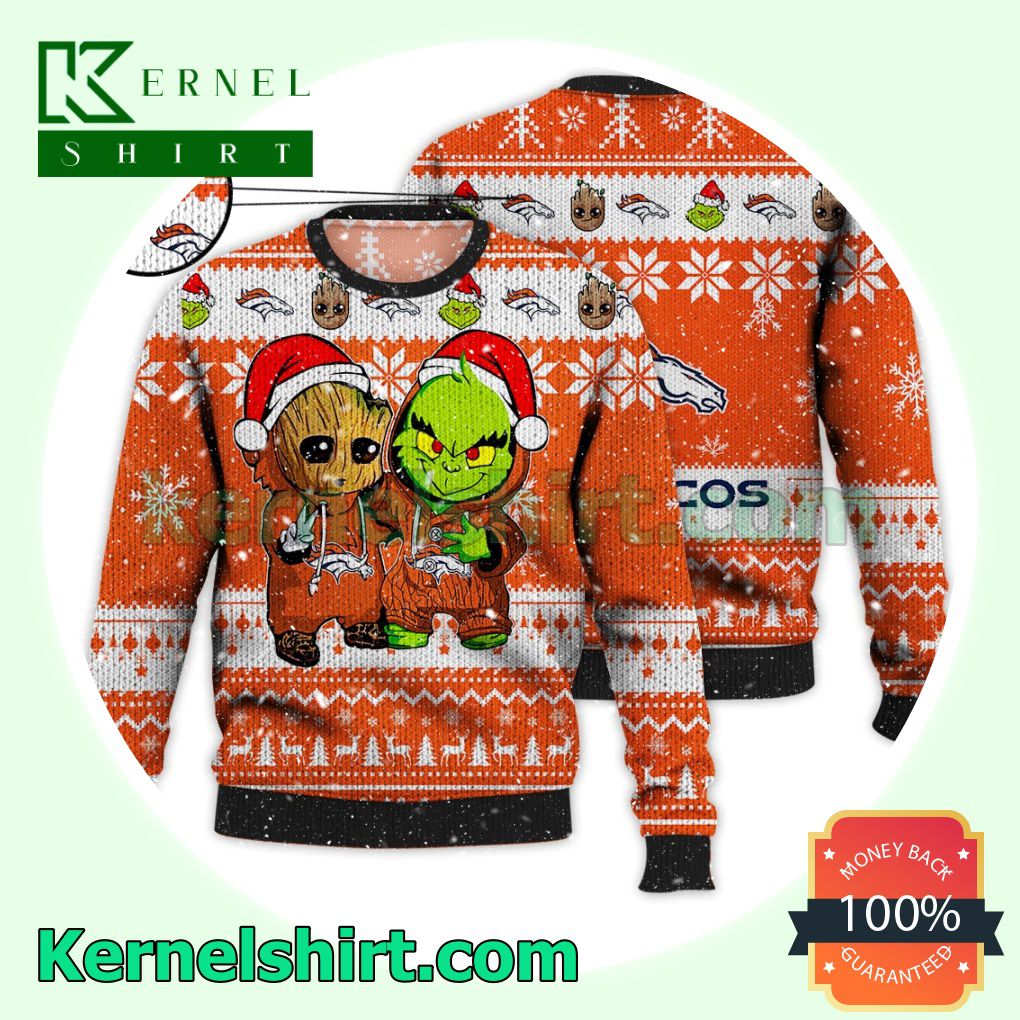 Denver Broncos Baby Groot And Grinch Xmas Knitted Sweater NFL Lover