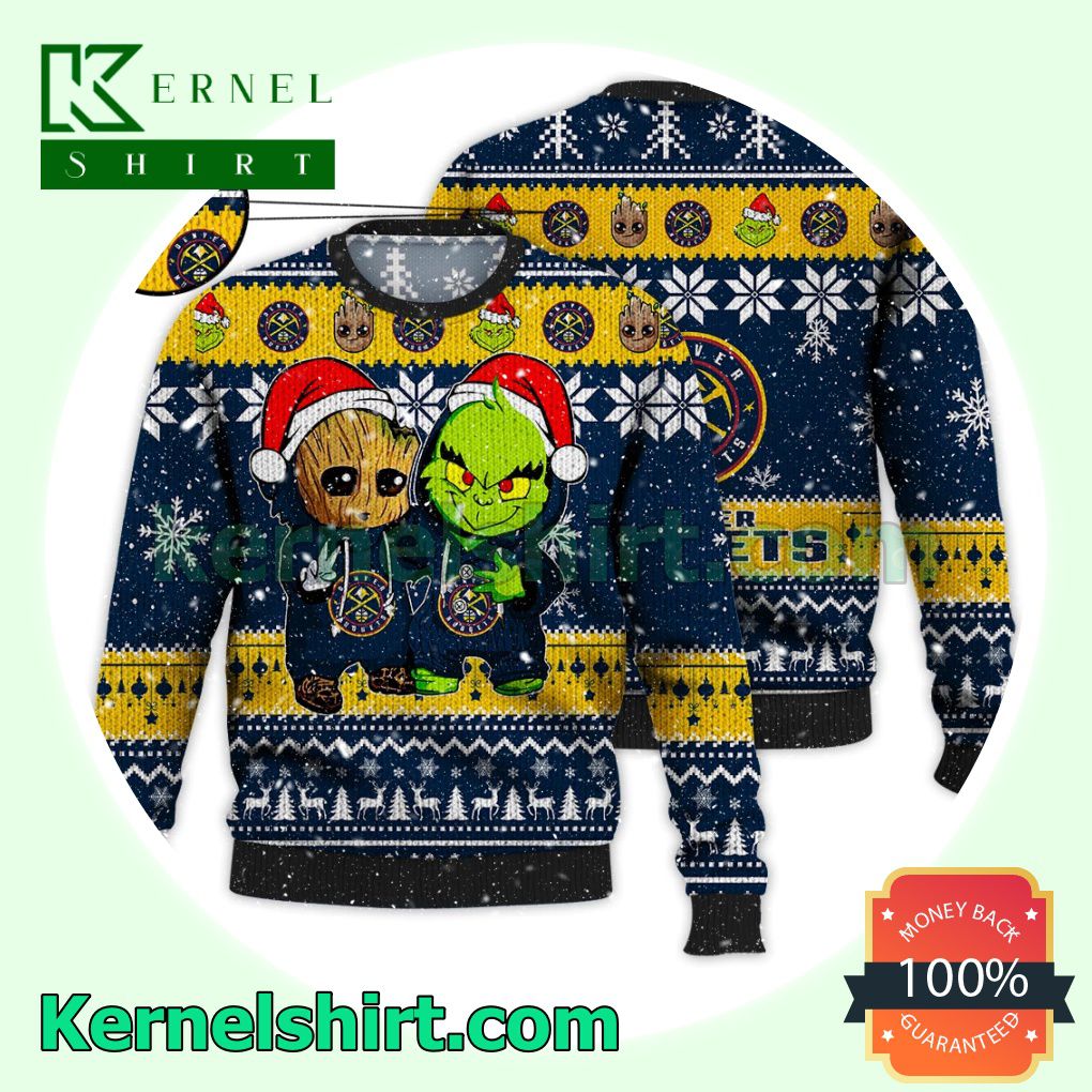 Denver Nuggets Baby Groot And Grinch Xmas Knitted Sweater NBA Lover