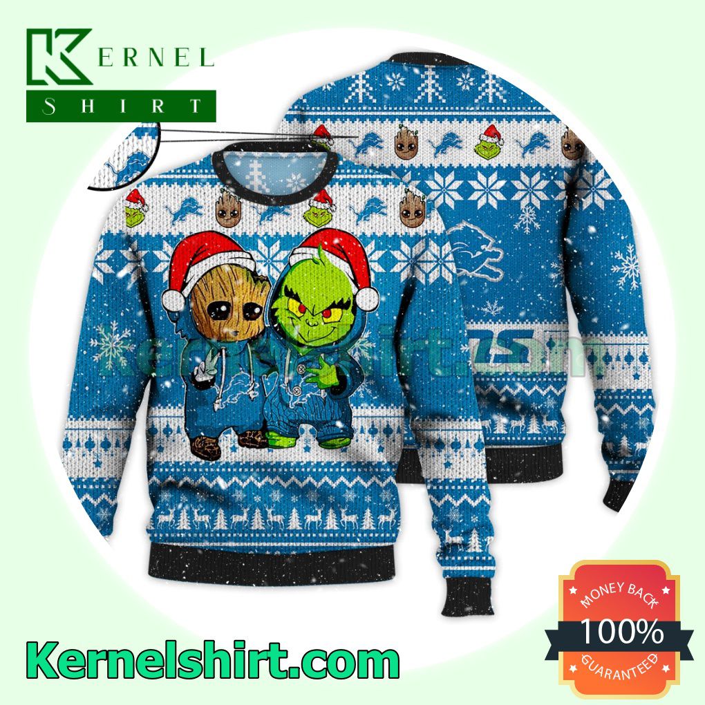 Detroit Lions Baby Groot And Grinch Xmas Knitted Sweater NFL Lover