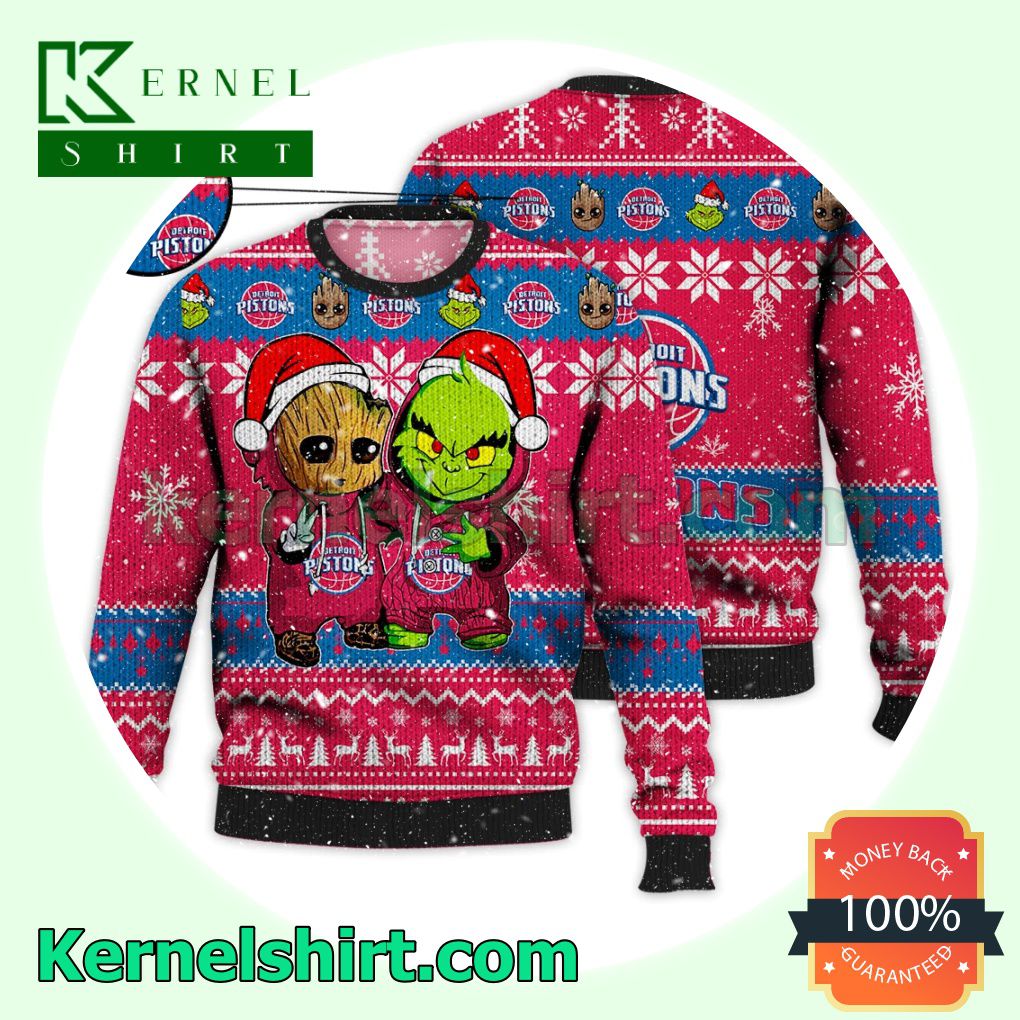 Detroit Pistons Baby Groot And Grinch Xmas Knitted Sweater NBA Lover
