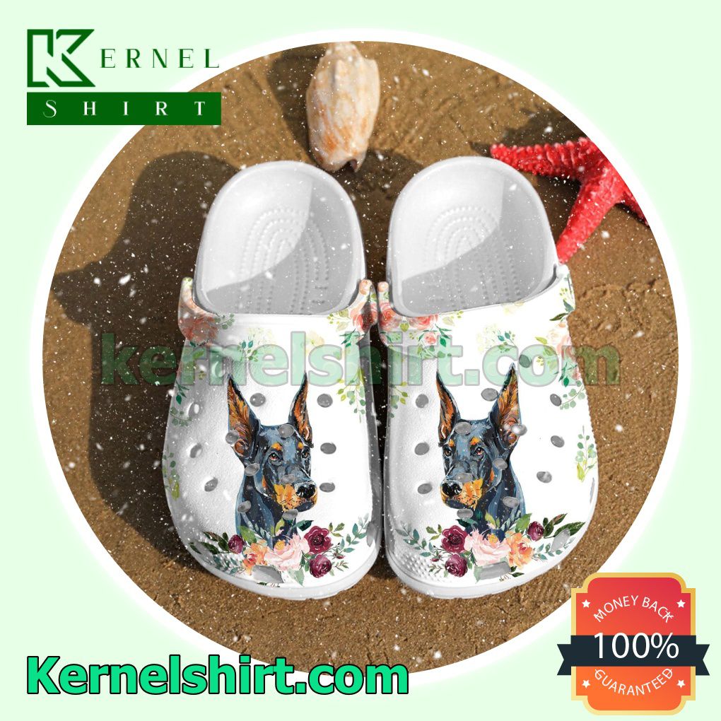 Doberman Dog And Flower Clogs Shoes Slippers Sandals