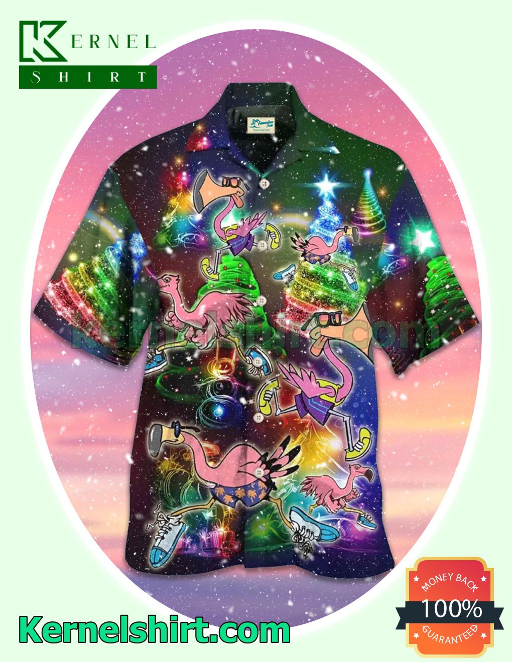 Flamingo And Twinkle Christmas Tree Xmas Short Sleeve Shirts