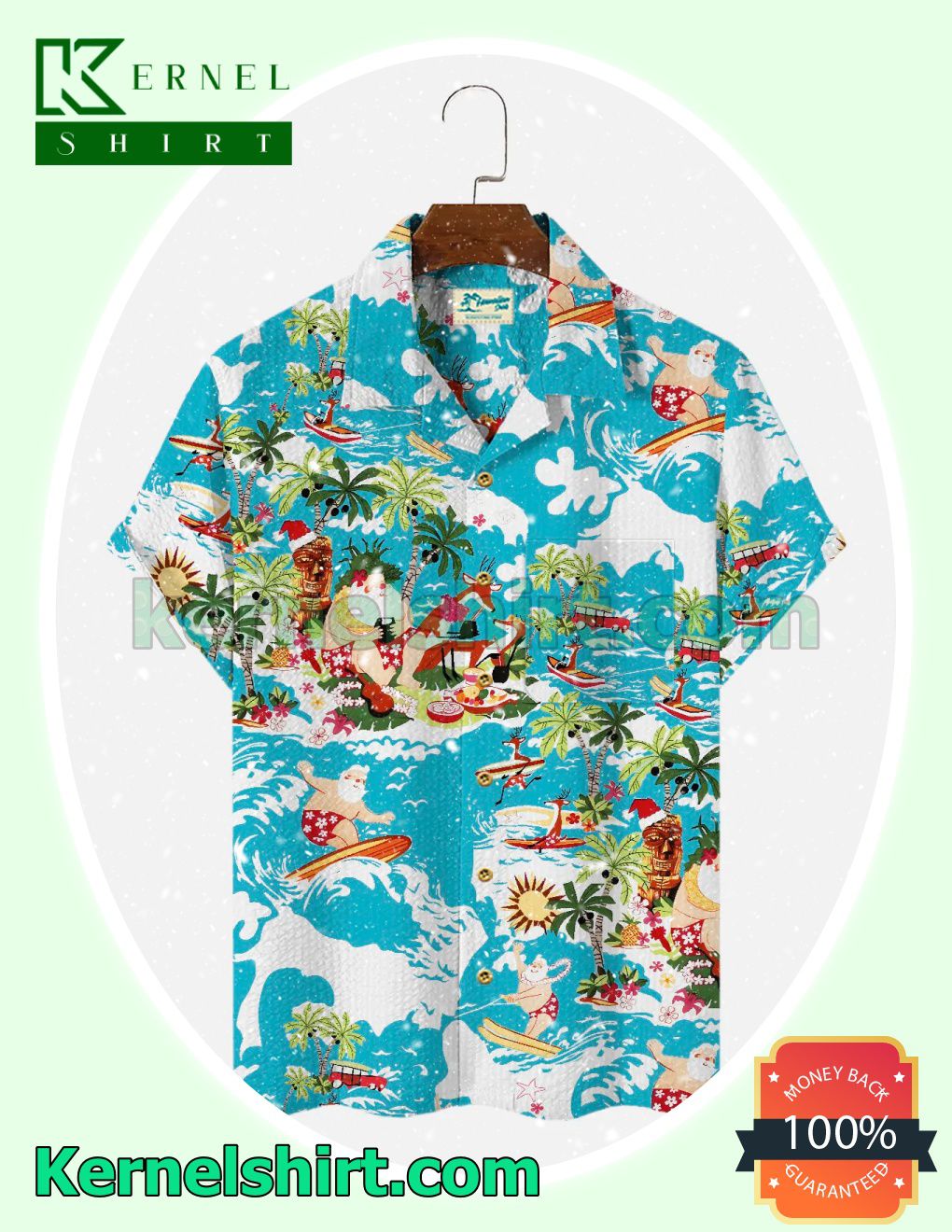 Funny Santa And Elk Surfing Blue Xmas Short Sleeve Shirts