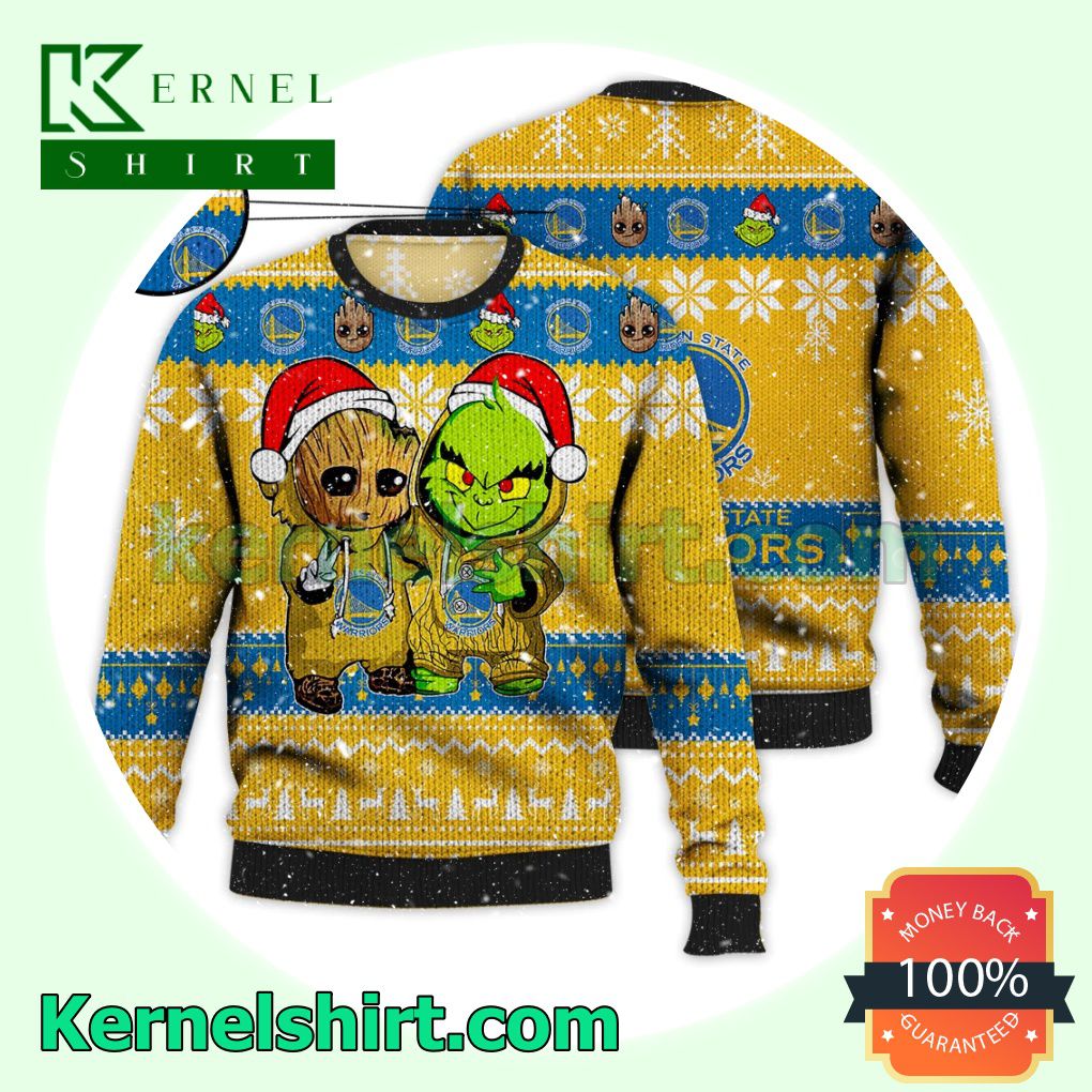 Golden State Warriors Baby Groot And Grinch Xmas Knitted Sweater NBA Lover